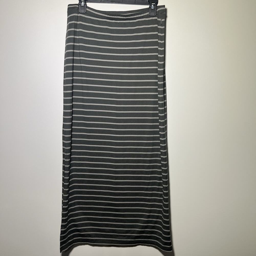 Eddie Bauer Women’s Striped Maxi Skirt Size M Gray White Side Slit Casual Summer